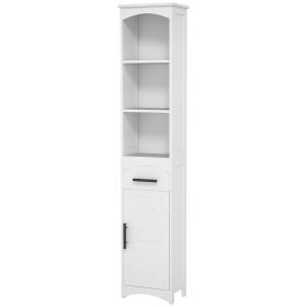 Farmhouse Skinny Tall Cabinet with Recessed Drawer, Narrow Cabinet with Door, White, 13.4" L x 9.4" W x 66.9" H