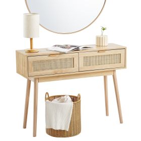 VEVOR Rattan Console Table with 2 Storage Drawers, Rattan Entryway Table with Natural Rattan Sliding Door, Console Sofa Table for Living Room, Study