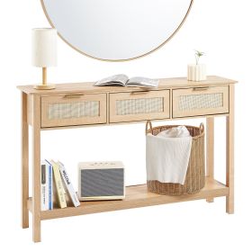 VEVOR Rattan Console Table with 3 Storage Drawers, Rattan Entryway Table with Natural Rattan Sliding Door, Console Sofa Table for Living Room, Study