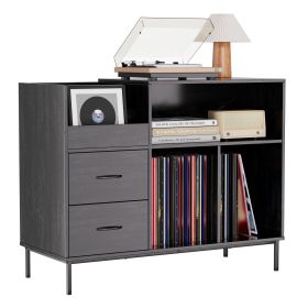 Record Player Stand with Power Outlet & Flip-Down Lid, Turntable Table with Storage for 300+ Vinyls, Black Wood Grain Media Console with 2 Drawers