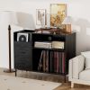 Record Player Stand with Power Outlet & Flip-Down Lid, Turntable Table with Storage for 300+ Vinyls, Black Wood Grain Media Console with 2 Drawers