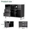 Eco-Friendly Record Player Stand with Flip-Top - Wood Vinyl Storage Cabinet with 2-Outlet Power Strip, Drawers & Dustproof Cubbies