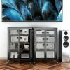 35.8" High Media Storage Cabinet with Wheels, AV Stereo TV Stand with 4 Adjustable Glass Shelves & Door, Heavy-Duty Steel Frame for Living Room