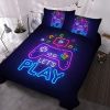 Gaming Bedding Sets for Boys Trippy Gamer Bed Set with Duvet Cover Pillowcases Neon Purple Blue 3 Piece Game Contoller Bedding Set for Kids Teens