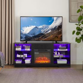 TV Stand Electric Fireplace TV Stand with Glass Shelves (Color: black, Material: MDF)